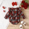 Christmas 2pcs Baby Girl Allover Snowflake Print Plaid Ruffle Long-sleeve Bow Front Pom Poms Romper with Headband Set Red image 2