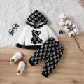 2pcs Baby Boy/Girl Bear Graphic Long-sleeve Hoodie and Allover Print Sweatpants Set White image 2