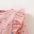 Ribbed Floral Allover Ruffle Decor Long-sleeve Baby Jumpsuit Pink
