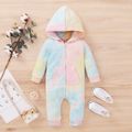 Tie-dyed Color Block Hooded Long-sleeve Baby Jumpsuit Pink