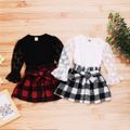 2-piece Toddler Girl Polka dots Mesh Puff-sleeve Blouse and Button Design Plaid Skirt with Belt Set White image 3