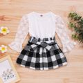 2-piece Toddler Girl Polka dots Mesh Puff-sleeve Blouse and Button Design Plaid Skirt with Belt Set White image 1