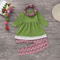 3-piece Toddler Girl Owl Embroidery Lace Decor Long-sleeve Top, Floral Print Pants and Scarf Set Green