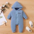 Solid Embroidery Decor Hooded Long-sleeve Baby Jumpsuit Light Blue