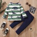2-piece Toddler Boy Dinosaur Print Striped Long-sleeve Top and Elasticized Solid Pants Set Green