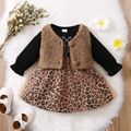 Baby 2pcs Butterfly Leopard Long-sleeve Mesh Splice Dress and Fuzzy Fleece Vest Set Black
