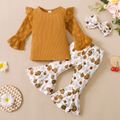 3-piece Toddler Girl Ruffled Polka dots Mesh Long-sleeve Ribbed Top, Floral Print Flared Pants and Headband Set Ginger image 1