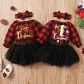 3pcs Baby Christmas Letter Print Long-sleeve Red Plaid Romper and Mesh Tutu Skirt Set Red image 1