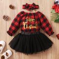 3pcs Baby Christmas Letter Print Long-sleeve Red Plaid Romper and Mesh Tutu Skirt Set Red image 3