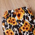 3pcs Baby Letter Embroidered Ribbed Long-sleeve Romper and Sunflower Floral Print Bell Bottom Pants Set Ginger image 3