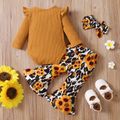3pcs Baby Letter Embroidered Ribbed Long-sleeve Romper and Sunflower Floral Print Bell Bottom Pants Set Ginger