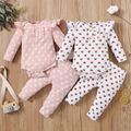 2pcs Cotton All Over Love Heart Print Baby Long-sleeve Ribbed Romper and Pants Set White image 1