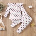2pcs Cotton All Over Love Heart Print Baby Long-sleeve Ribbed Romper and Pants Set White image 2
