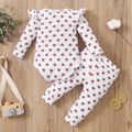 2pcs Cotton All Over Love Heart Print Baby Long-sleeve Ribbed Romper and Pants Set White image 3