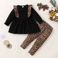 3-piece Toddler Girl Leopard Print Ruffled Long-sleeve Black Top, Elasticized Pants and Headband Set Black