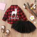 Christmas 2pcs Baby Reindeer and Letter Print Red Plaid Long-sleeve Shirt and Mesh Tutu Skirt Set Red
