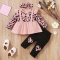3pcs Baby Leopard Splicing Long-sleeve Cotton Faux-two Top and Trousers Set Pink image 2