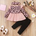 3pcs Baby Leopard Splicing Long-sleeve Cotton Faux-two Top and Trousers Set Pink image 2
