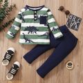 2-piece Toddler Boy Dinosaur Print Striped Long-sleeve Top and Elasticized Solid Pants Set Green