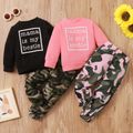 2-piece Toddler Girl Letter Print Pullover Sweatshirt and Camouflage Pants Set Black