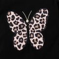 4pcs Baby Butterfly Print Cotton Long-sleeve Romper and Leopard Bell Bottom Pants with Fuzzy Fleece Vest Set Black