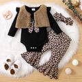 4pcs Baby Butterfly Print Cotton Long-sleeve Romper and Leopard Bell Bottom Pants with Fuzzy Fleece Vest Set Black