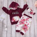 3pcs Letter and Floral Print Hooded Long-sleeve Crimson Baby Set Burgundy