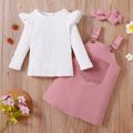 2-piece Toddler Girl Long-sleeve White Tee and Button Design Overall Dress Set Pink