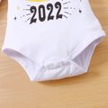 New Year 3pcs Baby Girl Letter and Number Print Long-sleeve Romper with Glitter Star Mesh Tutu Skirt Set White