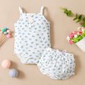2pcs Baby Girl Floral Print Ribbed Spaghetti Strap Romper and Frill Shorts Set White