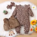 3pcs Baby All Over Leopard Long-sleeve Jumpsuit and Fuzzy Fleece Vest Set Khaki image 4