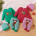 Christmas 3pcs Cartoon Reindeer Embroidered Solid Long-sleeve Romper and Striped Trousers Set Green image 1