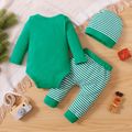 Christmas 3pcs Cartoon Reindeer Embroidered Solid Long-sleeve Romper and Striped Trousers Set Green