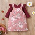 2-piece Baby Girl Ruffled Ribbed Long-sleeve Romper and Floral Print Overall Dress Set Burgundy