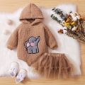 2-piece Baby Girl Elegant Embroidered Hooded Long-sleeve Romper and Mesh Skirt Set Brown