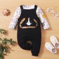 2pcs Baby Boy All Over Cartoon Lion Print Long-sleeve T-shirt and Black Overalls Set Multi-color