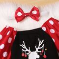 3-piece Baby Girl Christmas Letter Deer Print Polka dots Square Neck Long-sleeve Romper, Suspender Skirt and Headband Set Red