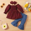 100% Cotton 3pcs Baby Girl Red Plaid Off Shoulder Long-sleeve Shirred Top and Bell Bottom Pants Set Red