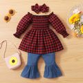 100% Cotton 3pcs Baby Girl Red Plaid Off Shoulder Long-sleeve Shirred Top and Bell Bottom Pants Set Red