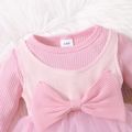 2pcs Baby Girl Pink Waffle Splicing Ribbed Long-sleeve Bowknot Mesh Dress Set Pink