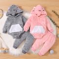 2pcs Baby Boy/Girl Elephant Pattern Thickened Fuzzy Fleece Long-sleeve Hooded Romper and Trousers Set Pink
