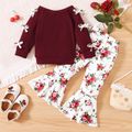 2pcs Baby Girl Solid Textured Off Shoulder Bowknot Long-sleeve Pullover and Floral Print Flared Pants Set Burgundy