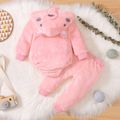 2pcs Baby Boy/Girl Elephant Pattern Thickened Fuzzy Fleece Long-sleeve Hooded Romper and Trousers Set Pink