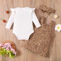 3pcs Baby Girl White Ribbed Long-sleeve Romper and Leopard Overall Dress Set White