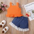 2pcs Solid Button and Ruffle Decor Sleeveless Orange Tank Top and Denim Lace Decor Blue Shorts Baby Set Orange