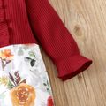 Baby Girl Solid Ribbed Long-sleeve Splicing Floral Print Ruffled Jumpsuit Burgundy
