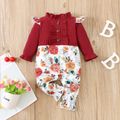 Baby Girl Solid Ribbed Long-sleeve Splicing Floral Print Ruffled Jumpsuit Burgundy