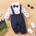 2pcs Baby Boy 95% Cotton Long-sleeve Gentleman Bowtie All Over Mustache Print Romper and Solid Overalls Set Navy