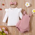 3pcs Baby Girl Solid Ribbed Ruffle Sleeve Top and Overall Shorts with Headband Set Pink image 2