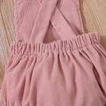3pcs Baby Girl Solid Ribbed Ruffle Sleeve Top and Overall Shorts with Headband Set Pink image 4